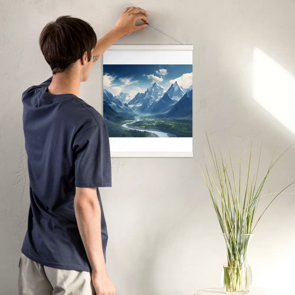 Majestic Serenity: A Landscape of Mountains and Rivers | Poster With White Wood Hanger | 16″×20″