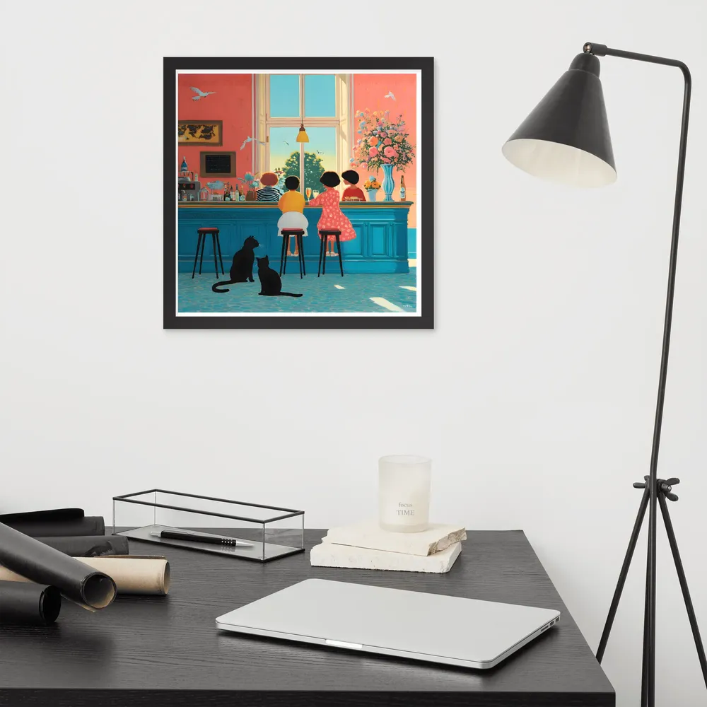 Sunlit Café Counter 
 Poster with Black Frame | 16″x 16″