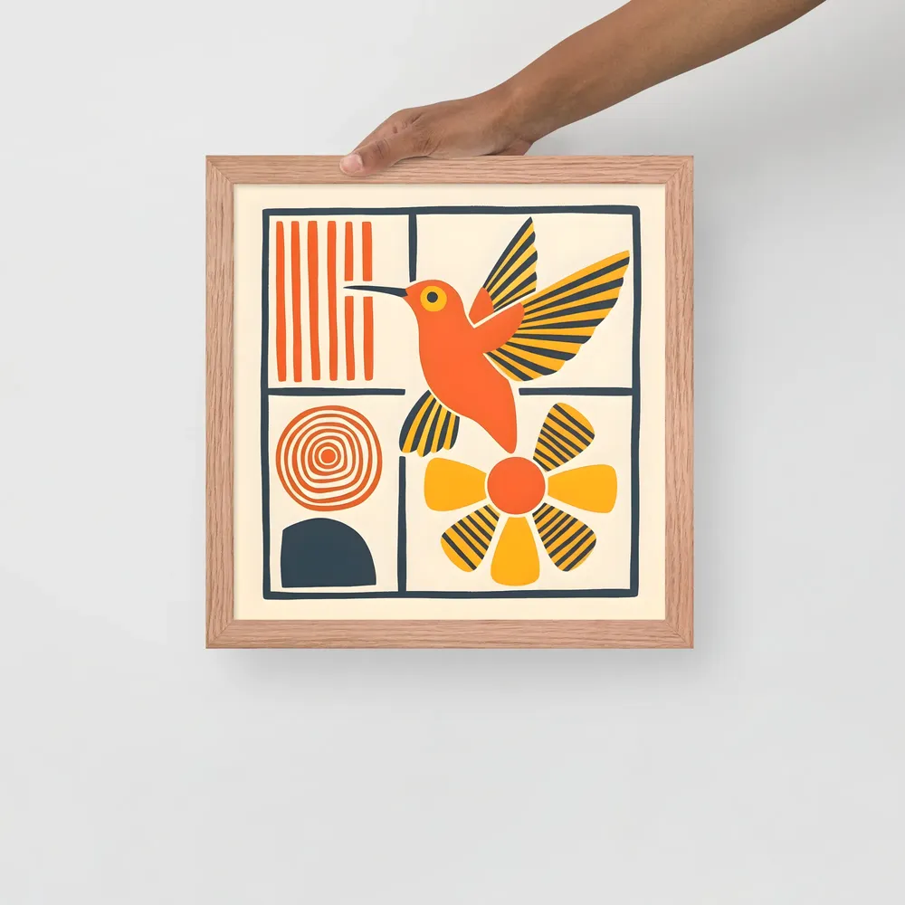 Hummingbird & Flower Panel 
 Poster with Red oak Frame | 14″x 14″