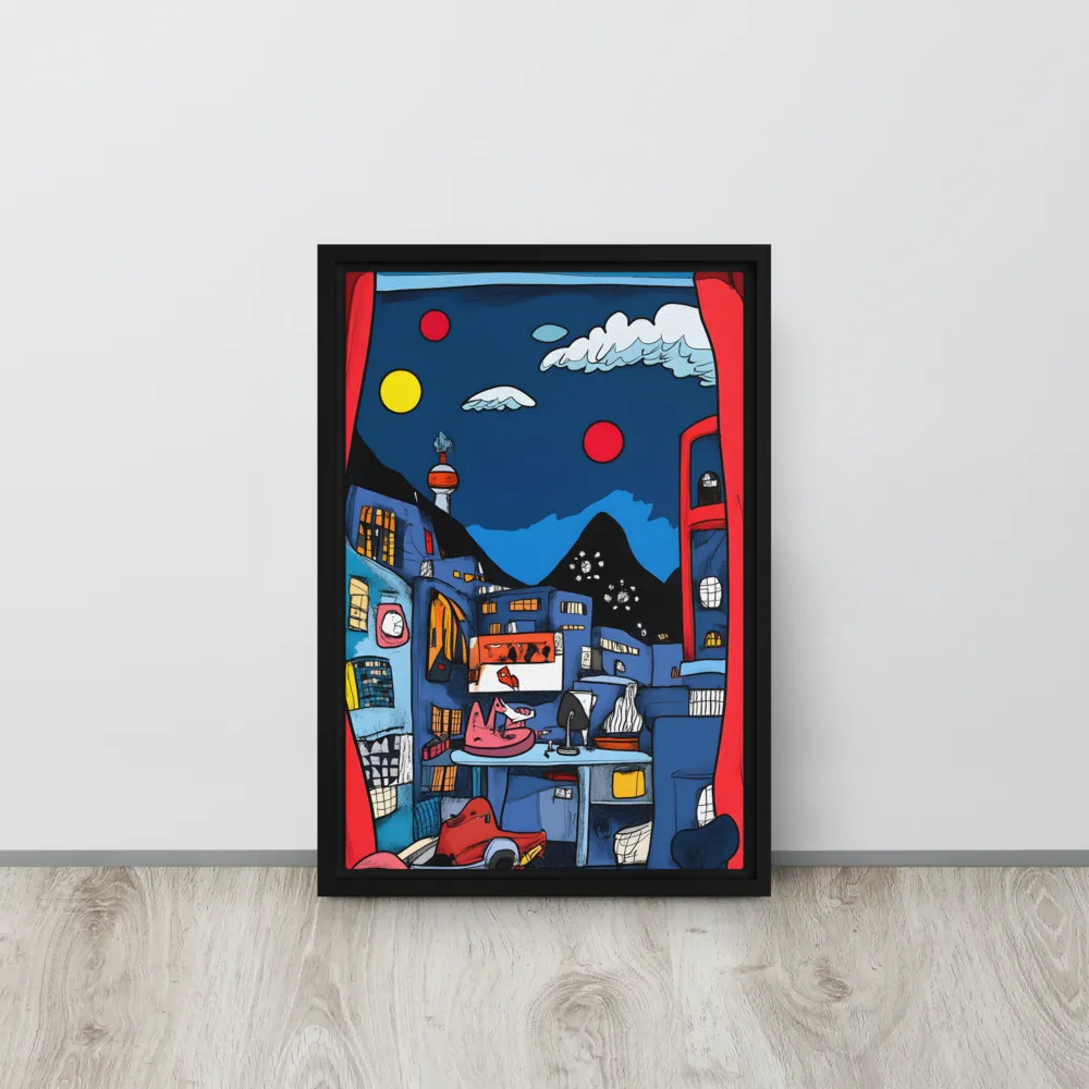 Whimsical Cityscape at Night | Canvas with Black Frame | 12″×18″