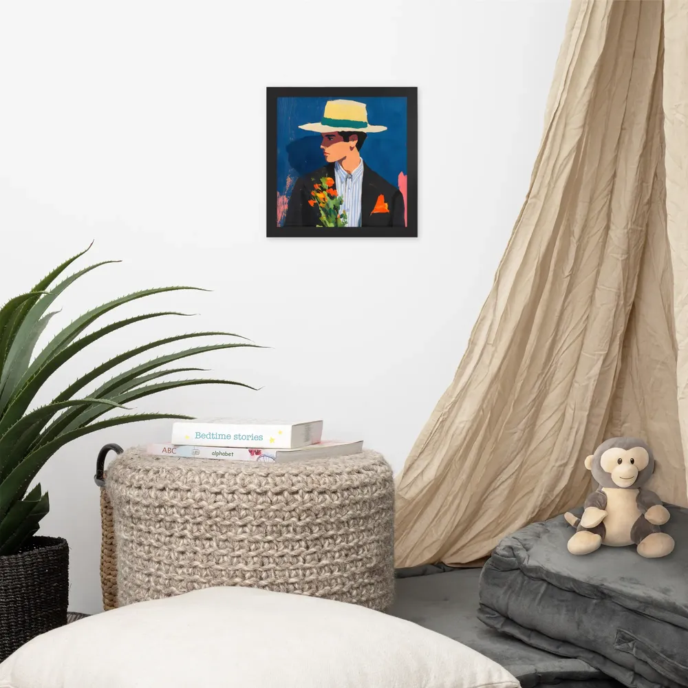 Portrait with Hat and Flowers 
 Poster with Black Frame | 10″x 10″