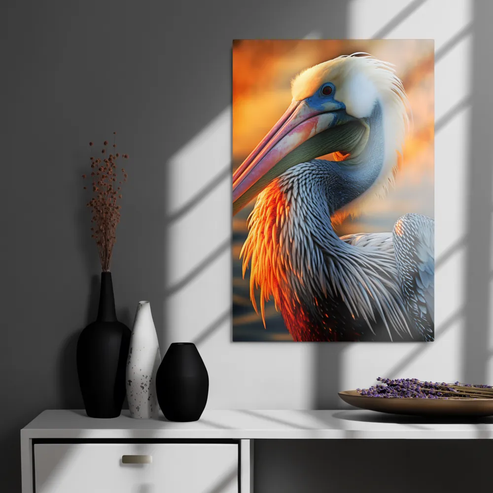 Elegance of the Pelican at Sunset | Metal Print | 20″×30″