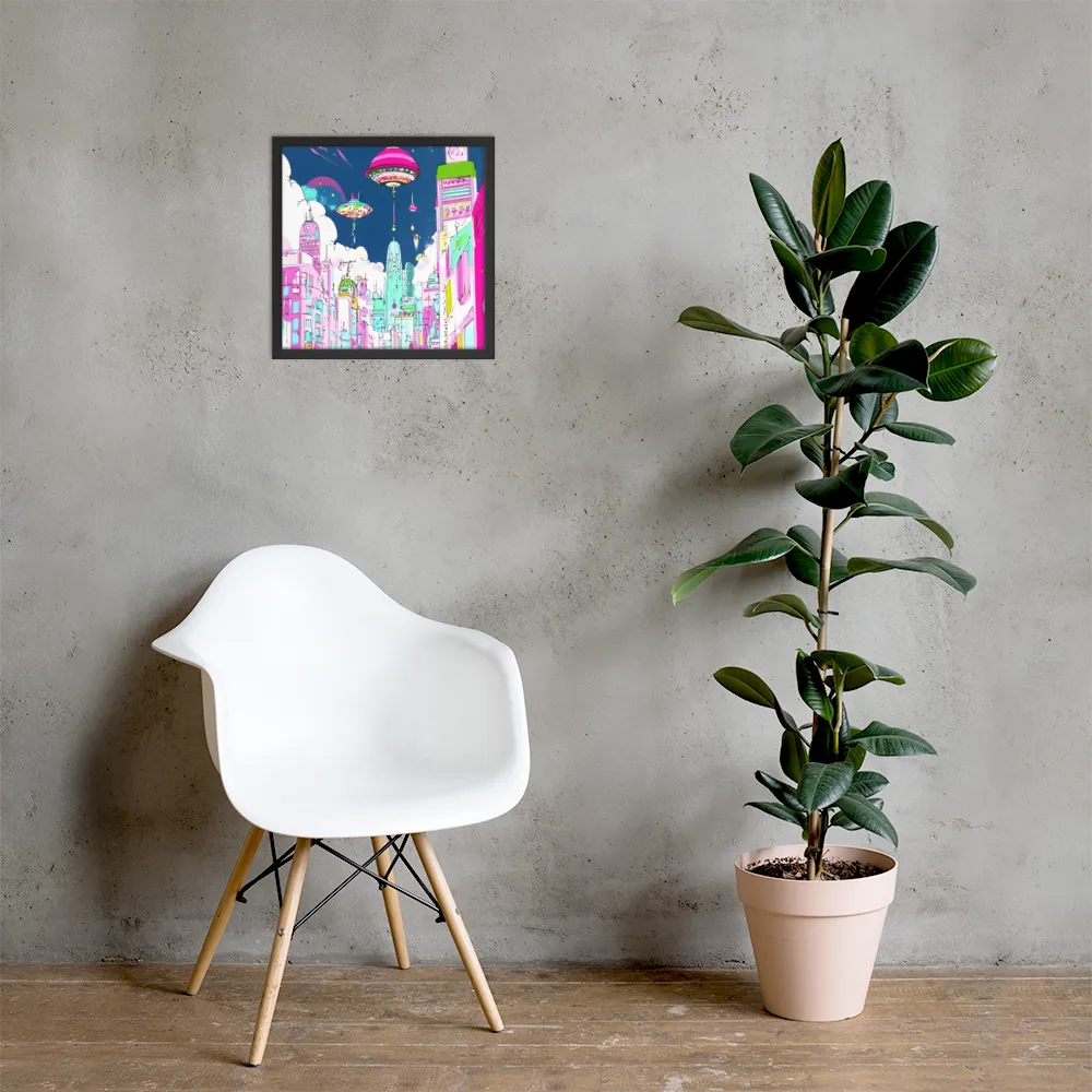 Futuristic Cityscape with Floating Structures | Poster with Black Frame | 16″×16″