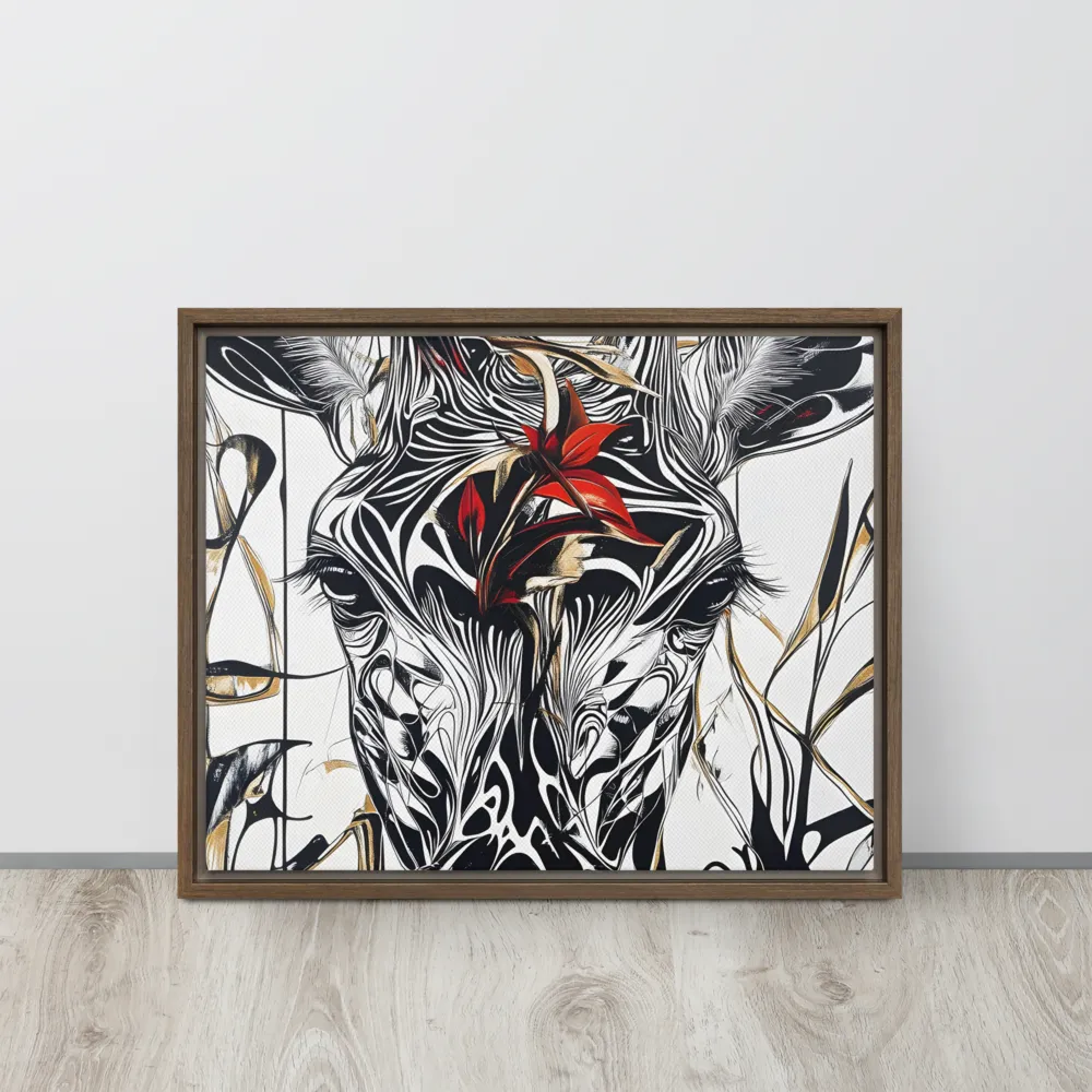 Floral Elegance: The Giraffe's Portrait | Canvas with Brown Frame | 16″×20″