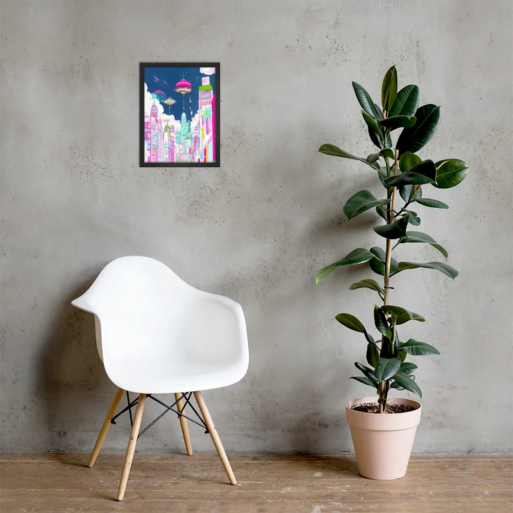 Futuristic Cityscape with Floating Structures | Poster with Black Frame | 12″×16″