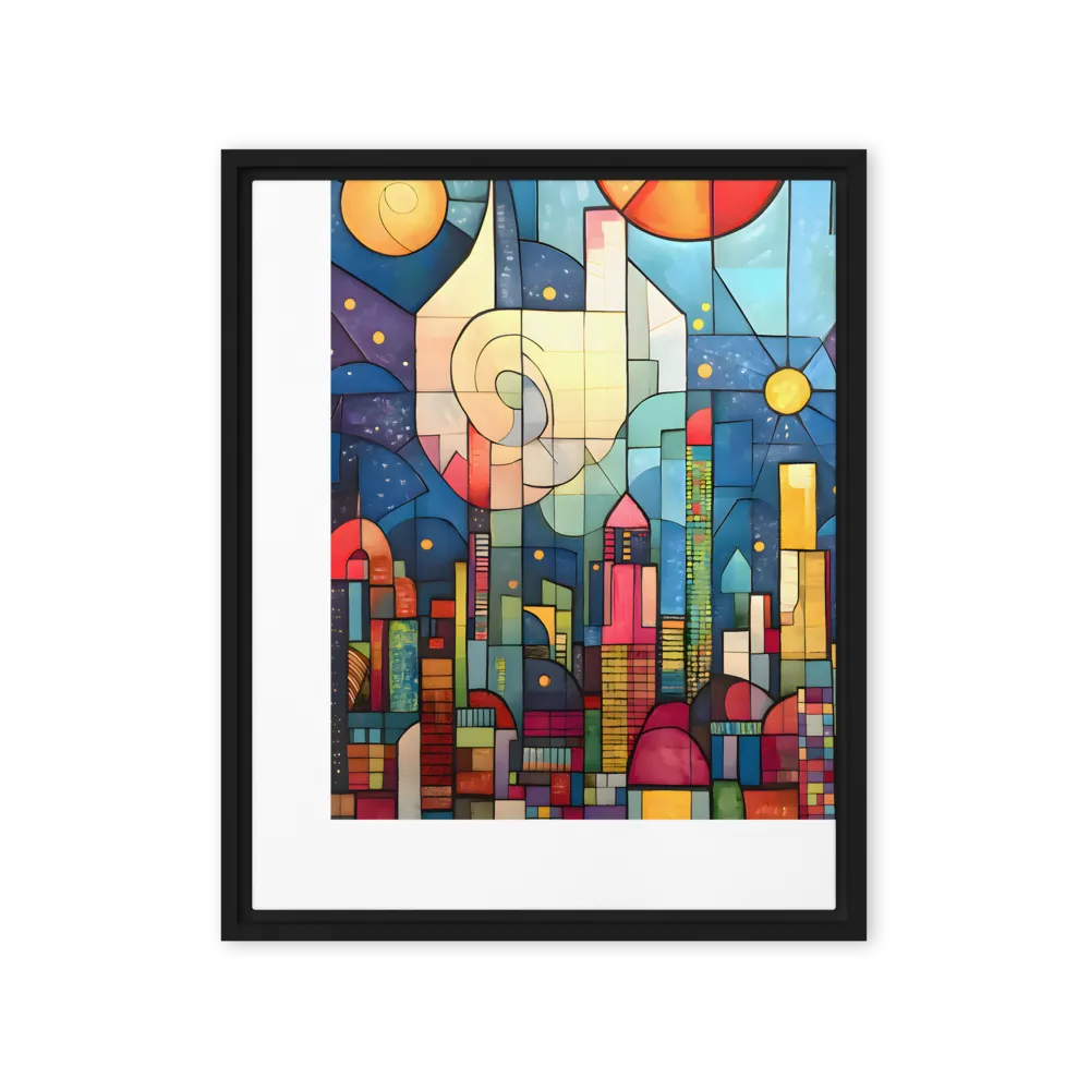 Geometric Harmony: A Vibrant Cityscape | Canvas with Black Frame | 16″×20″