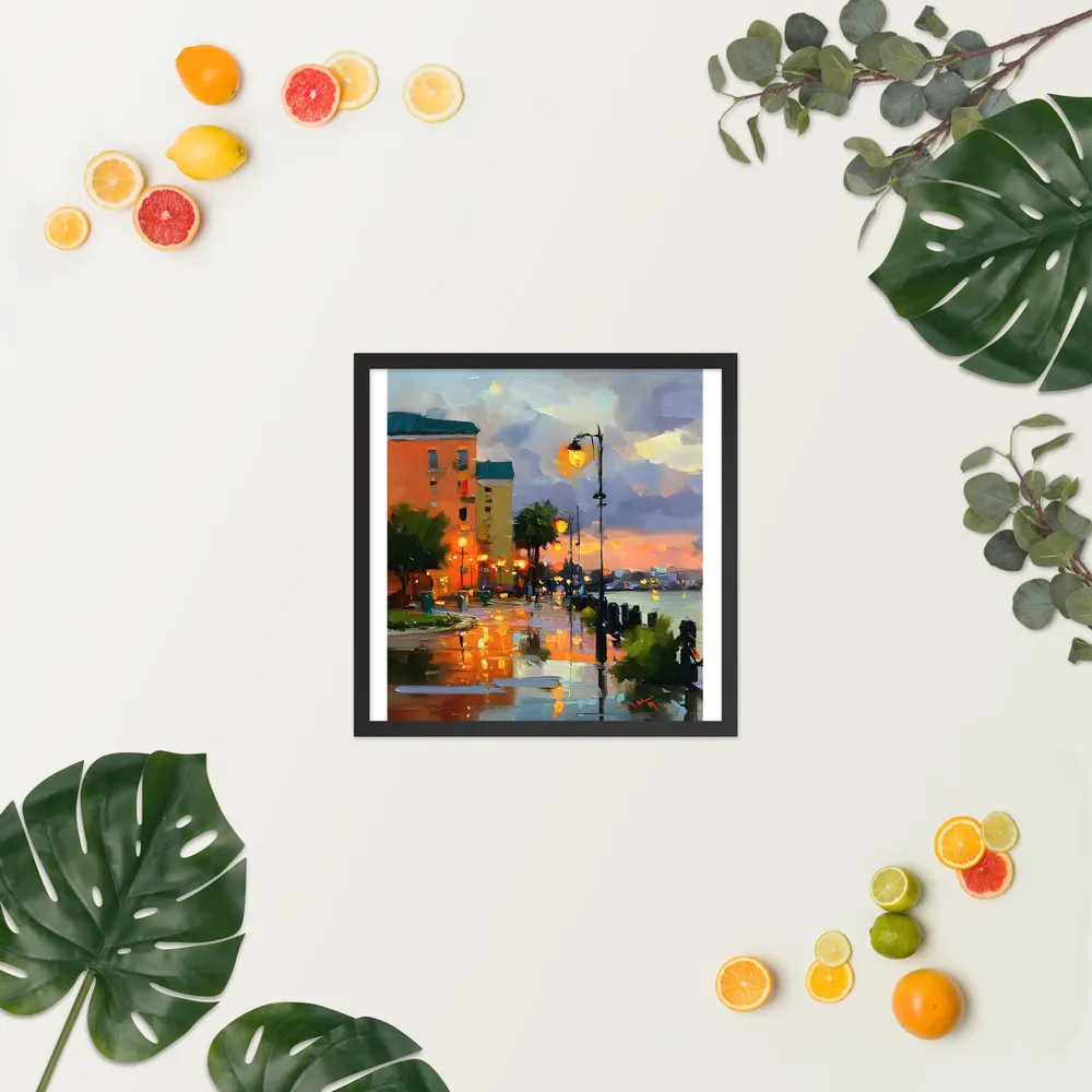 Harbor Promenade at Dusk 
 Poster with Black Frame | 18″x 18″
