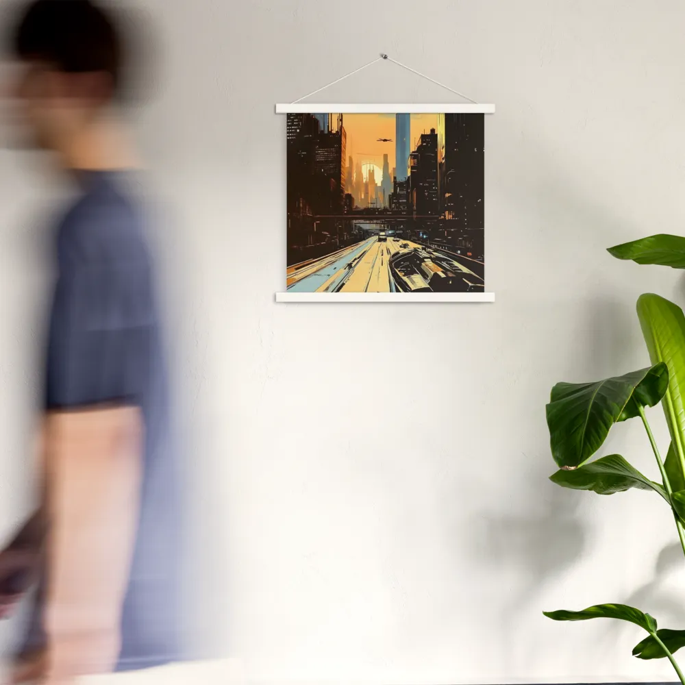 Metro Nexus: A Futuristic Cityscape | Poster With White Wood Hanger | 18″×18″