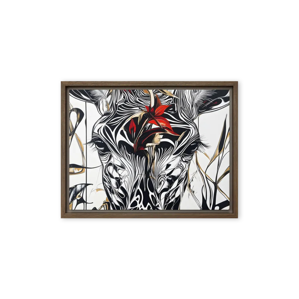 Floral Elegance: The Giraffe's Portrait | Canvas with Brown Frame | 12″×16″
