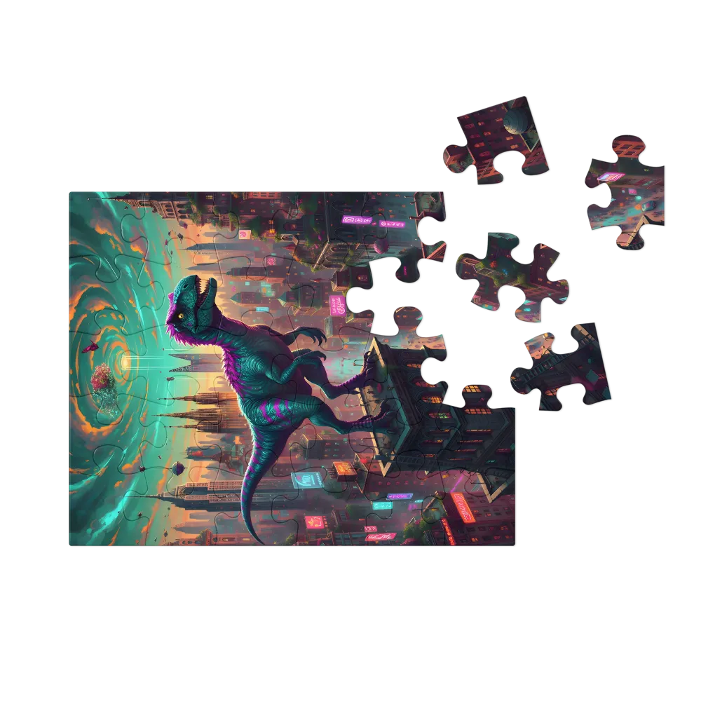 Neon Raptor Skyline 
 Jigsaw Puzzle in Tin Box
