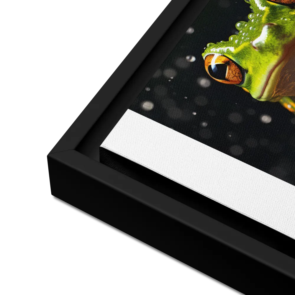 Emerald Elegance: The Frog in Focus | Canvas with Black Frame | 12″×16″