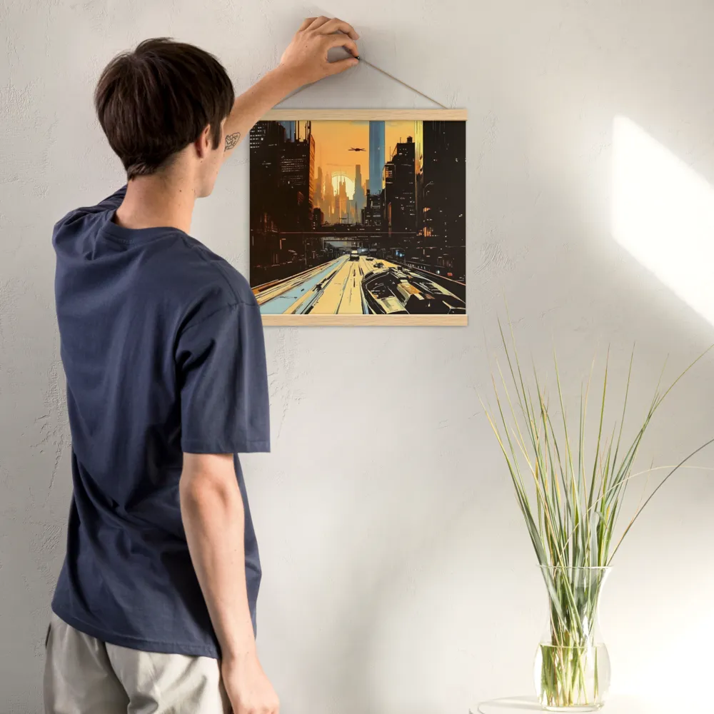 Metro Nexus: A Futuristic Cityscape | Poster With Oak Wood Hanger | 16″×16″