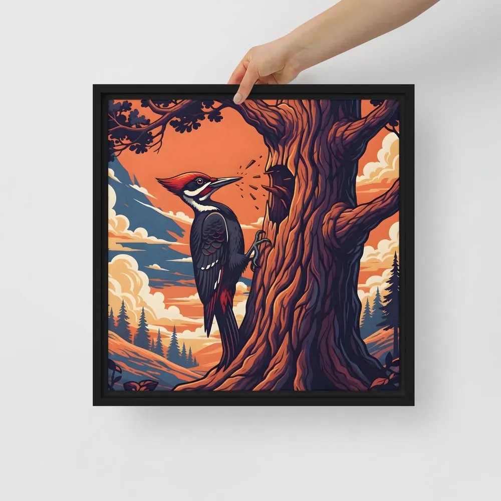 Woodpecker at Sunset 
 Canvas with Black Frame | 16″x 16″