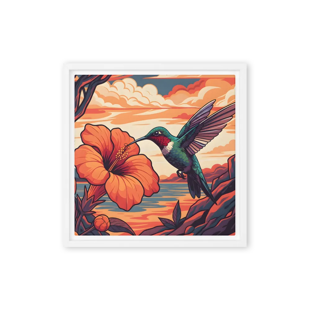 Hummingbird and Hibiscus 
 Canvas with White Frame | 12″x 12″