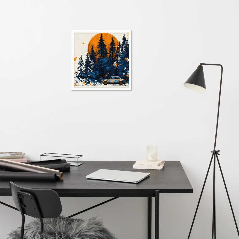 Sunset Forest Drive 
 Poster with White Frame | 18″x 18″