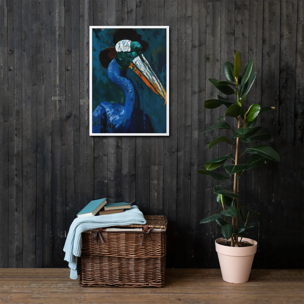 Majestic Absurdity: The Hat-Wearing Bird | Canvas with White Frame | 20″×28″