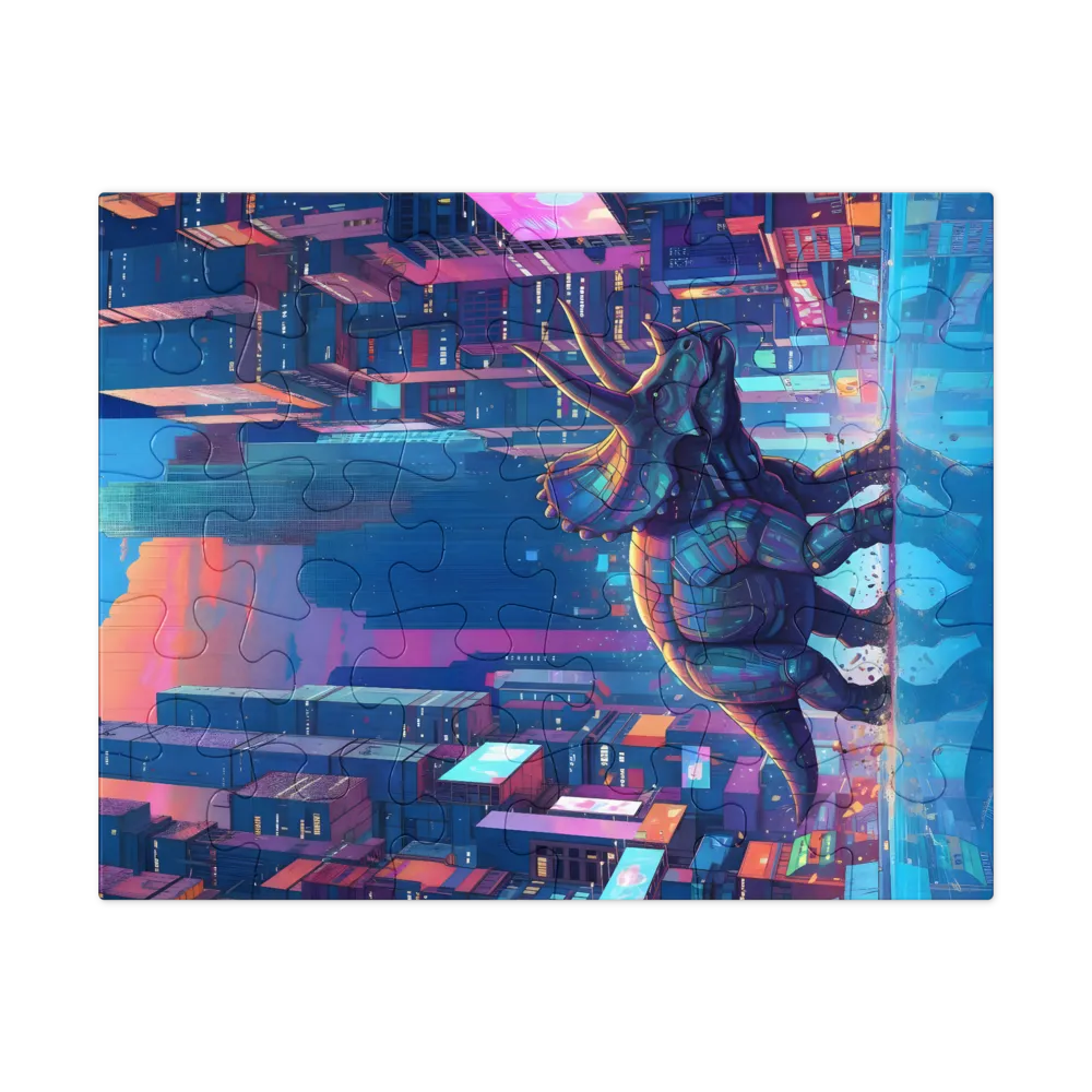 Neon City Triceratops 
 Jigsaw Puzzle in Tin Box