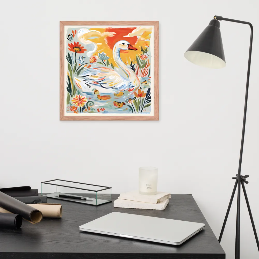 Swan and Ducklings 
 Poster with Red oak Frame | 16″x 16″