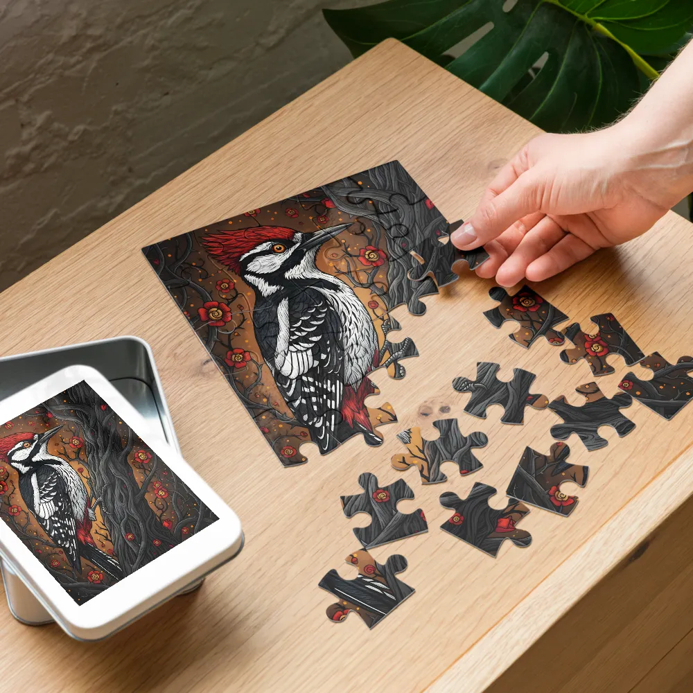 Woodpecker in Bloom 
 Jigsaw Puzzle in Tin Box
