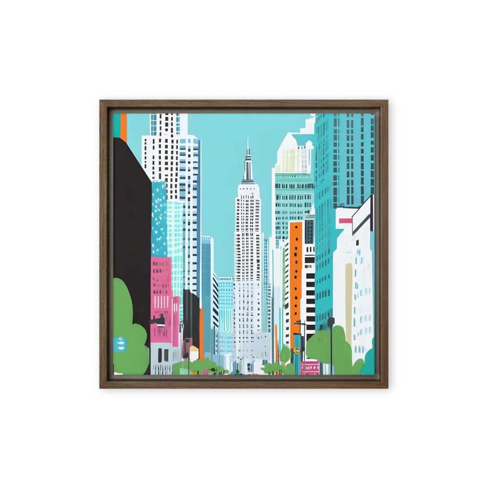 Urban Symphony: A Modern Cityscape | Canvas with Brown Frame | 16″×16″