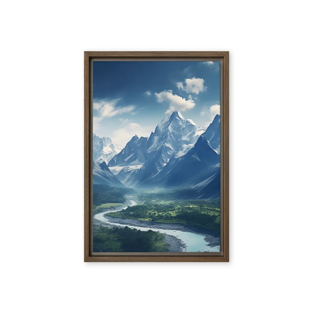 Majestic Serenity: A Landscape of Mountains and Rivers | Canvas with Brown Frame | 12″×18″