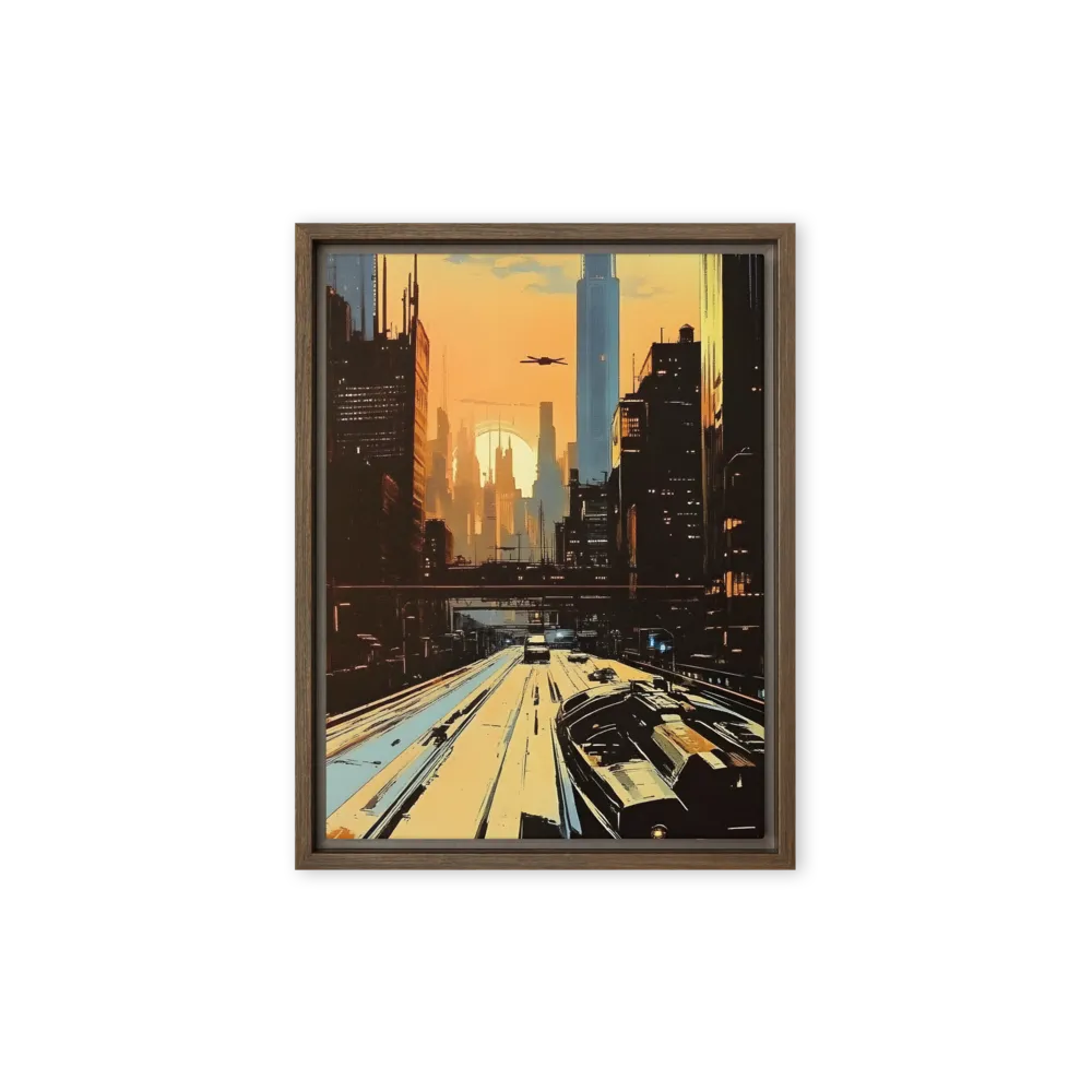 Metro Nexus: A Futuristic Cityscape | Canvas with Brown Frame | 9″×12″