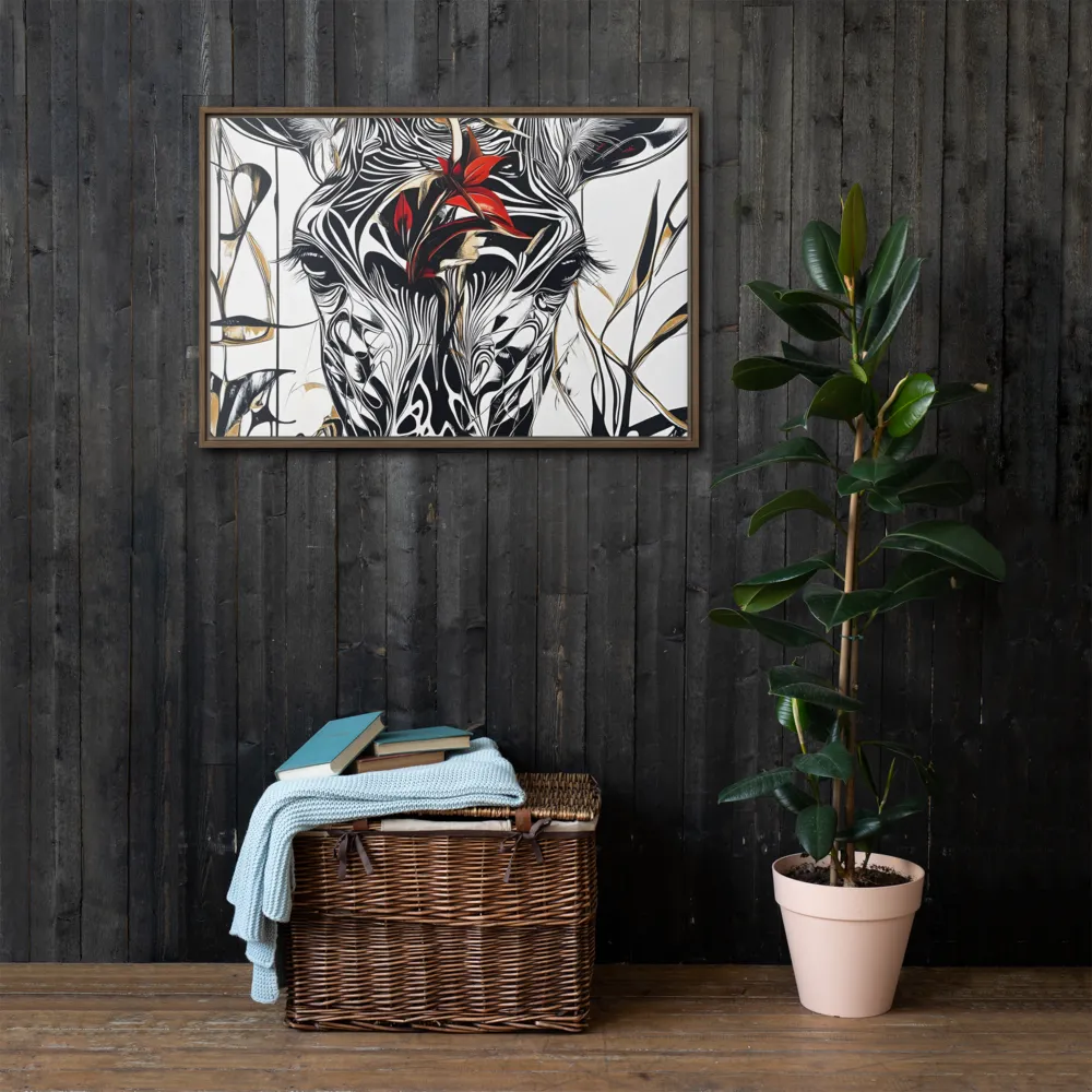 Floral Elegance: The Giraffe's Portrait | Canvas with Brown Frame | 24″×36″