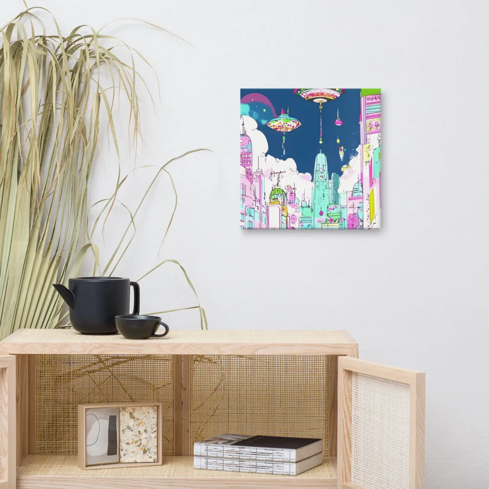Futuristic Cityscape with Floating Structures | Canvas | 16″×16″
