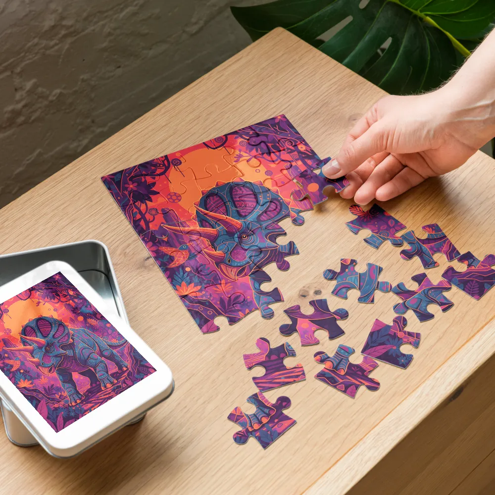 Sunset Triceratops 
 Jigsaw Puzzle in Tin Box
