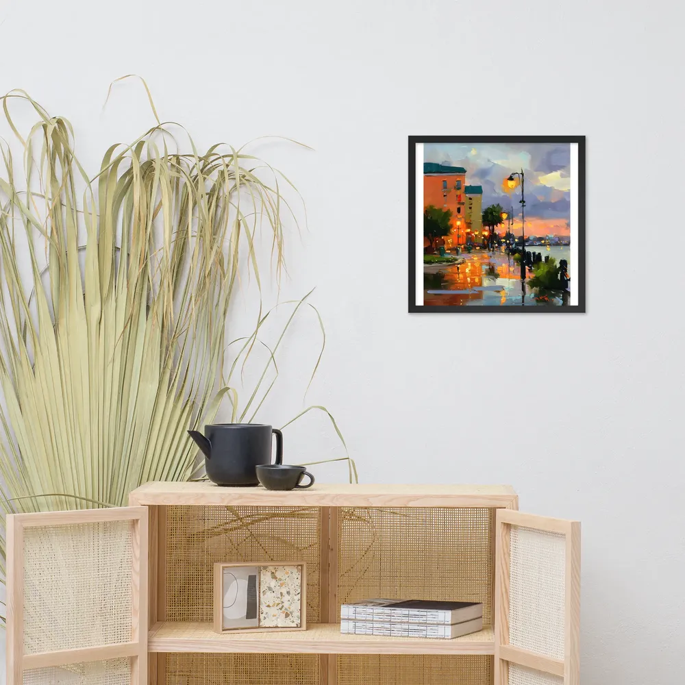 Harbor Promenade at Dusk 
 Poster with Black Frame | 18″x 18″