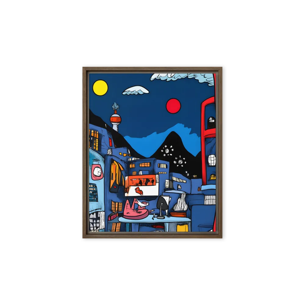 Whimsical Cityscape at Night | Canvas with Brown Frame | 8″×10″