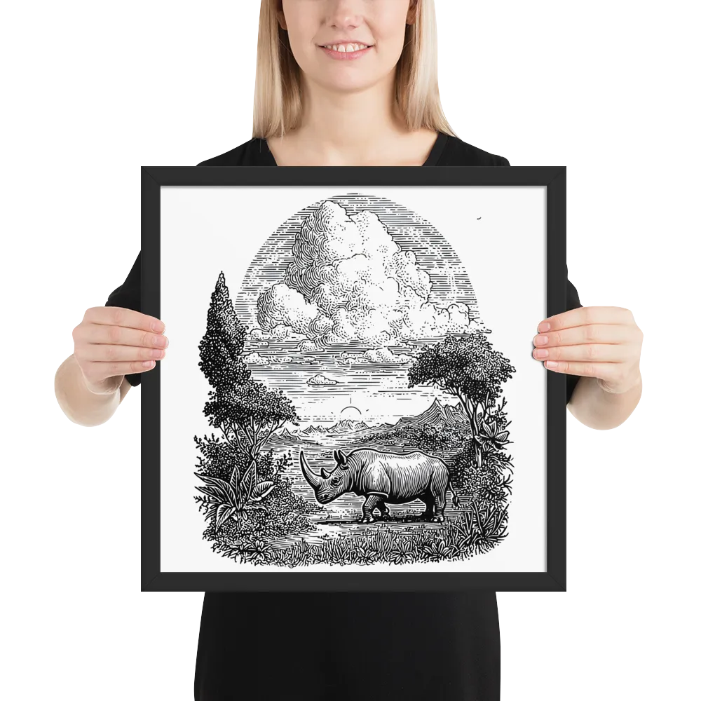 Rhinoceros Engraving 
 Poster with Black Frame | 16″x 16″
