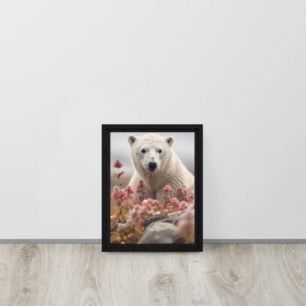 Curiosity Among Blooms: The Polar Bear | Canvas with Black Frame | 9″×12″