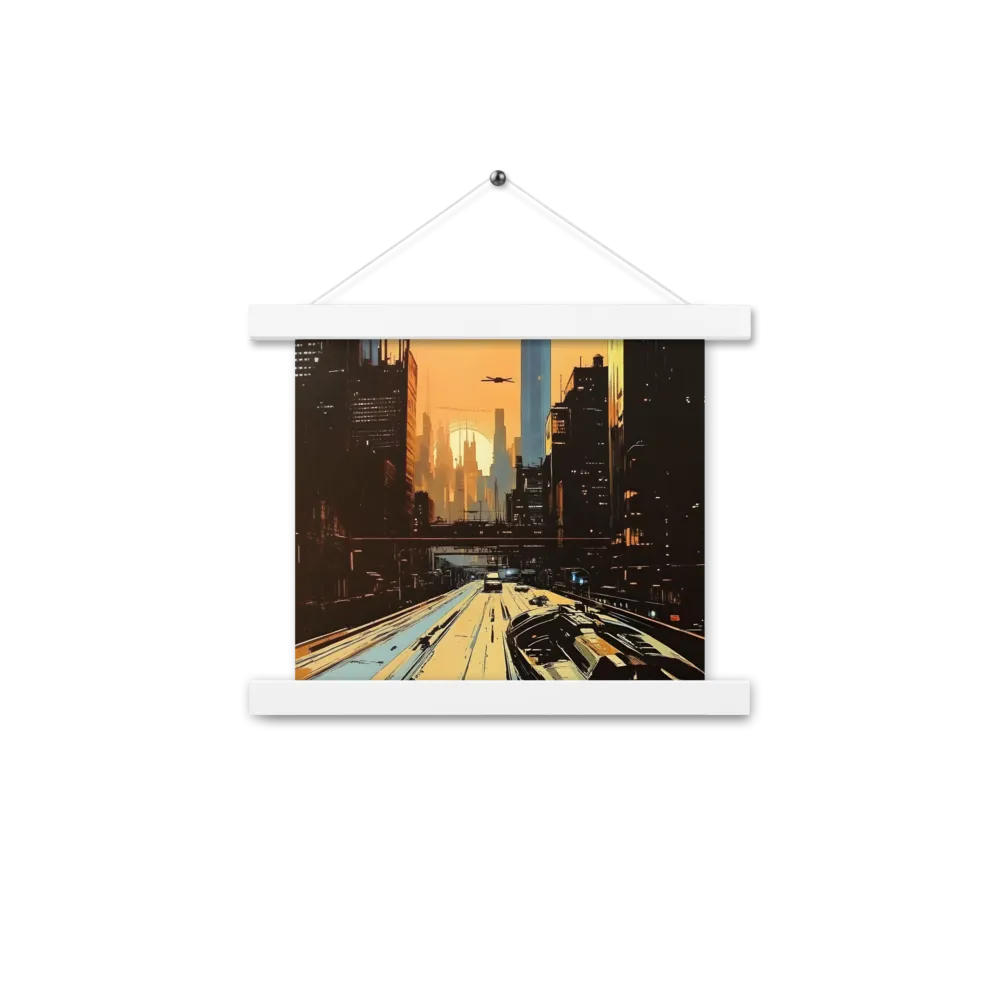 Metro Nexus: A Futuristic Cityscape | Poster With White Wood Hanger | 10″×10″