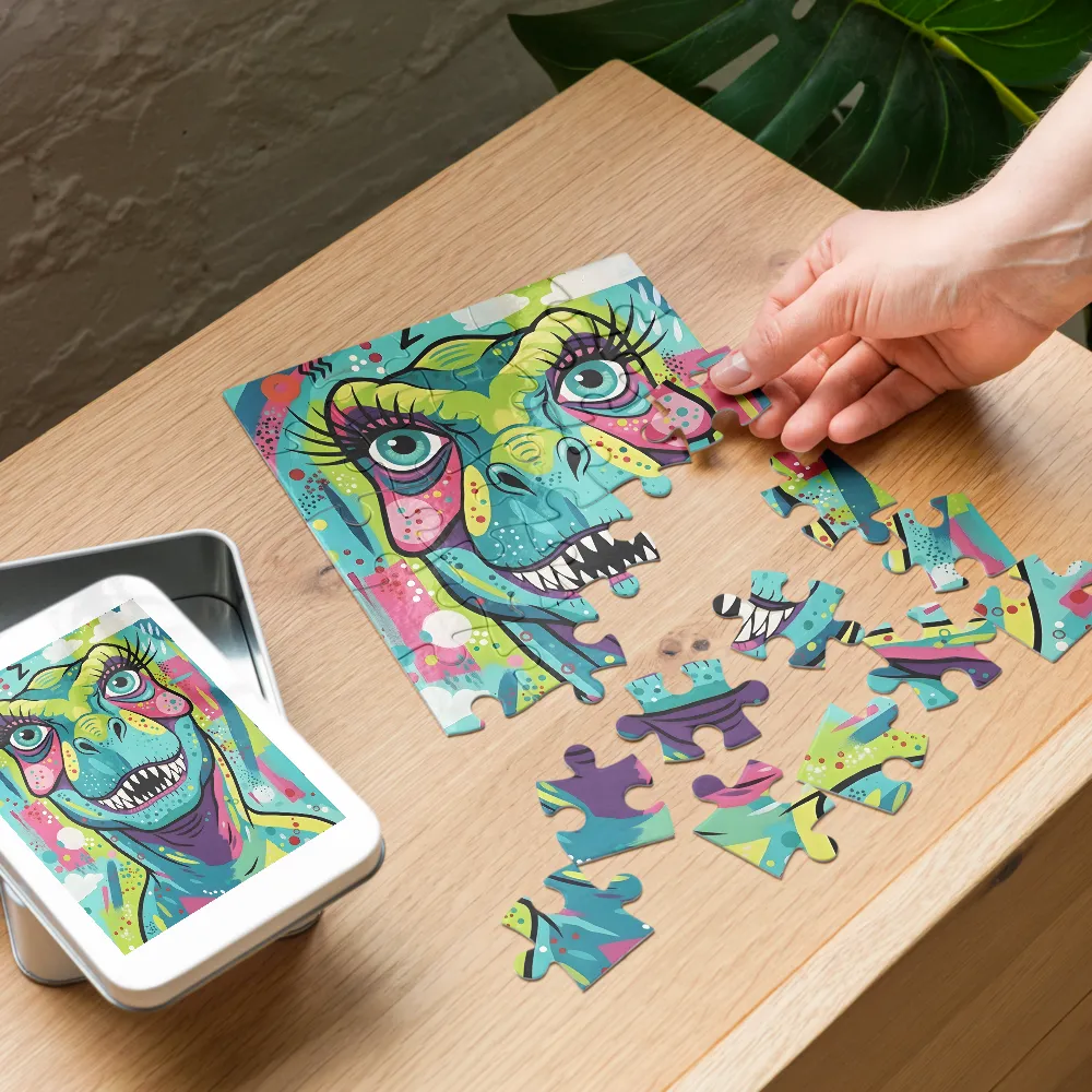 Neon Dino Portrait 
 Jigsaw Puzzle in Tin Box