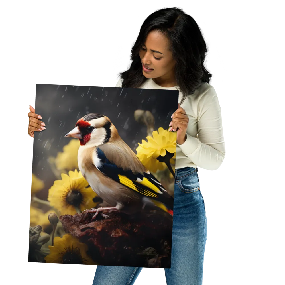 Harmony in Nature: A Goldfinch Amidst Blooms | Metal Print | 16″×20″