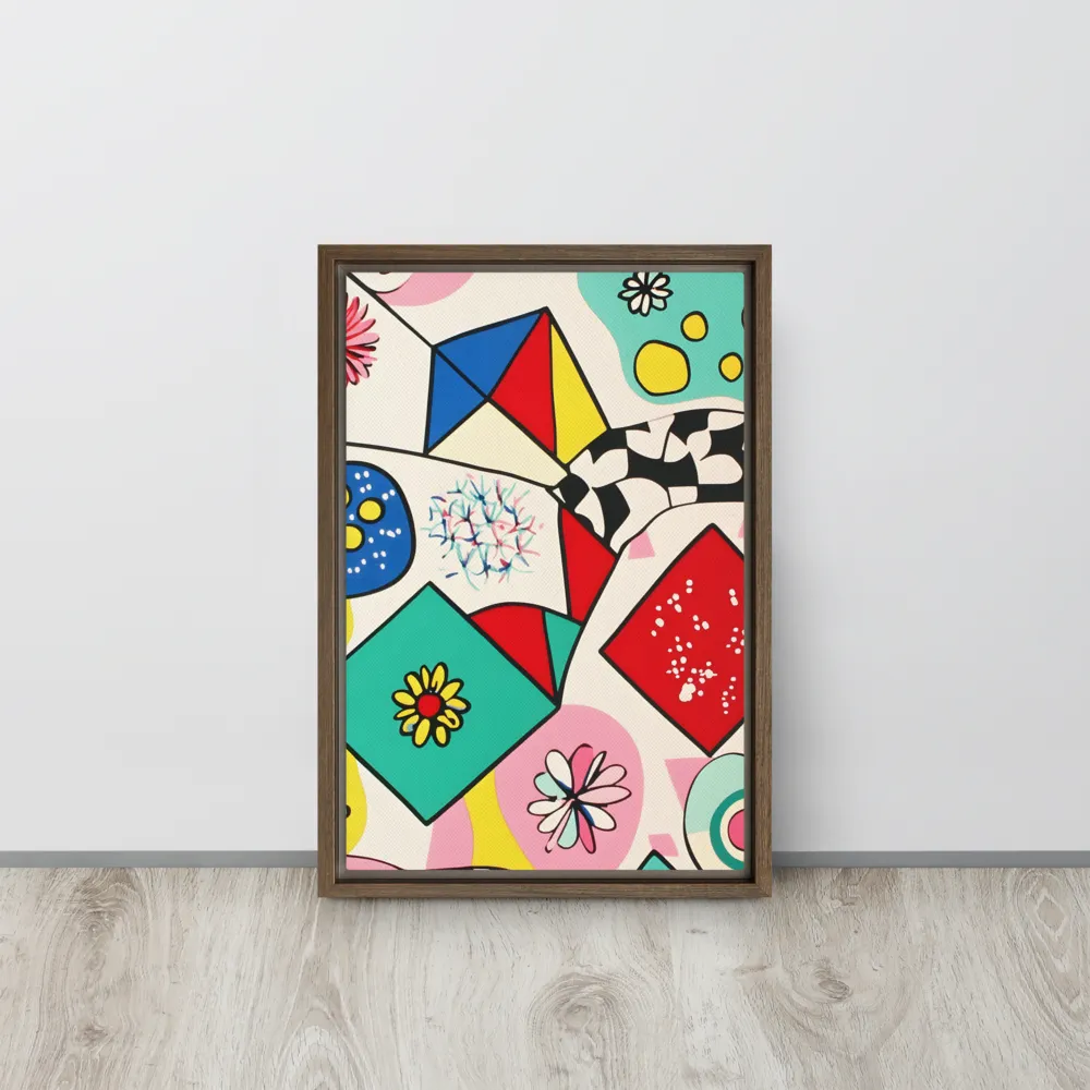 Joyful Geometry: A Playful Dance of Shapes and Colors | Canvas with Brown Frame | 12″×18″