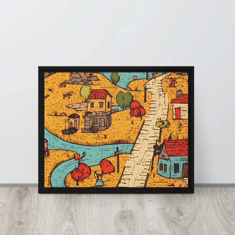 Whimsical Village Landscape | Canvas with Black Frame | 16″×20″