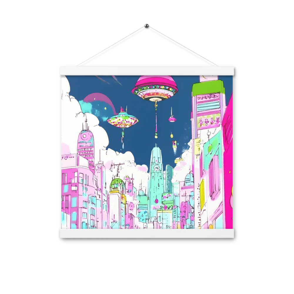Futuristic Cityscape with Floating Structures | Poster With White Wood Hanger | 16″×16″
