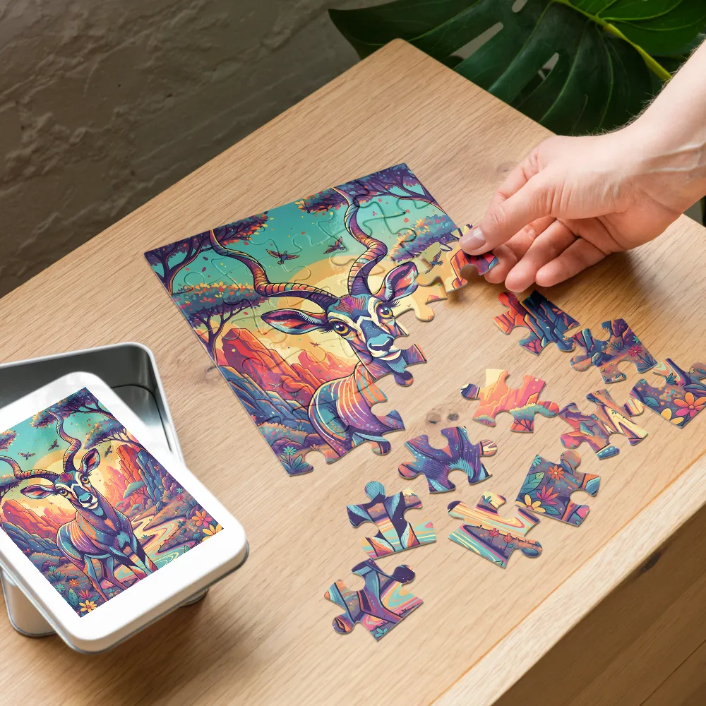 Turquoise Dawn — Horned Antelope 
 Jigsaw Puzzle in Tin Box