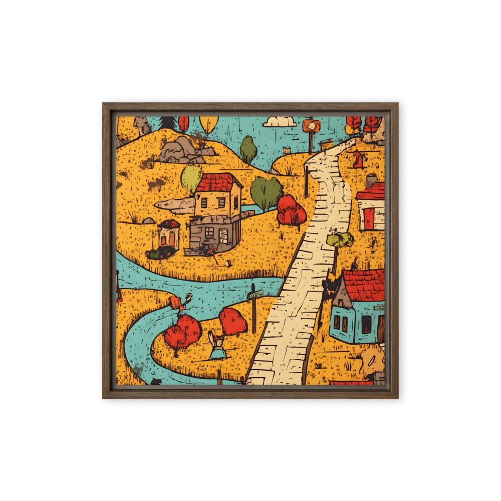 Whimsical Village Landscape | Canvas with Brown Frame | 16″×16″