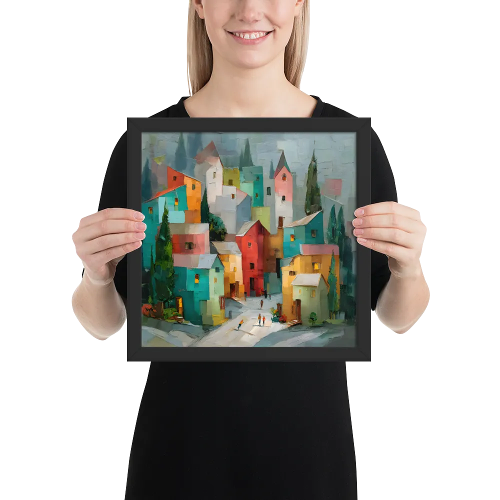 Patchwork Village 
 Poster with Black Frame | 12″x 12″
