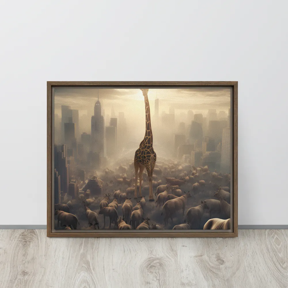 Urban Serengeti: A Giraffe's Perspective | Canvas with Brown Frame | 16″×20″