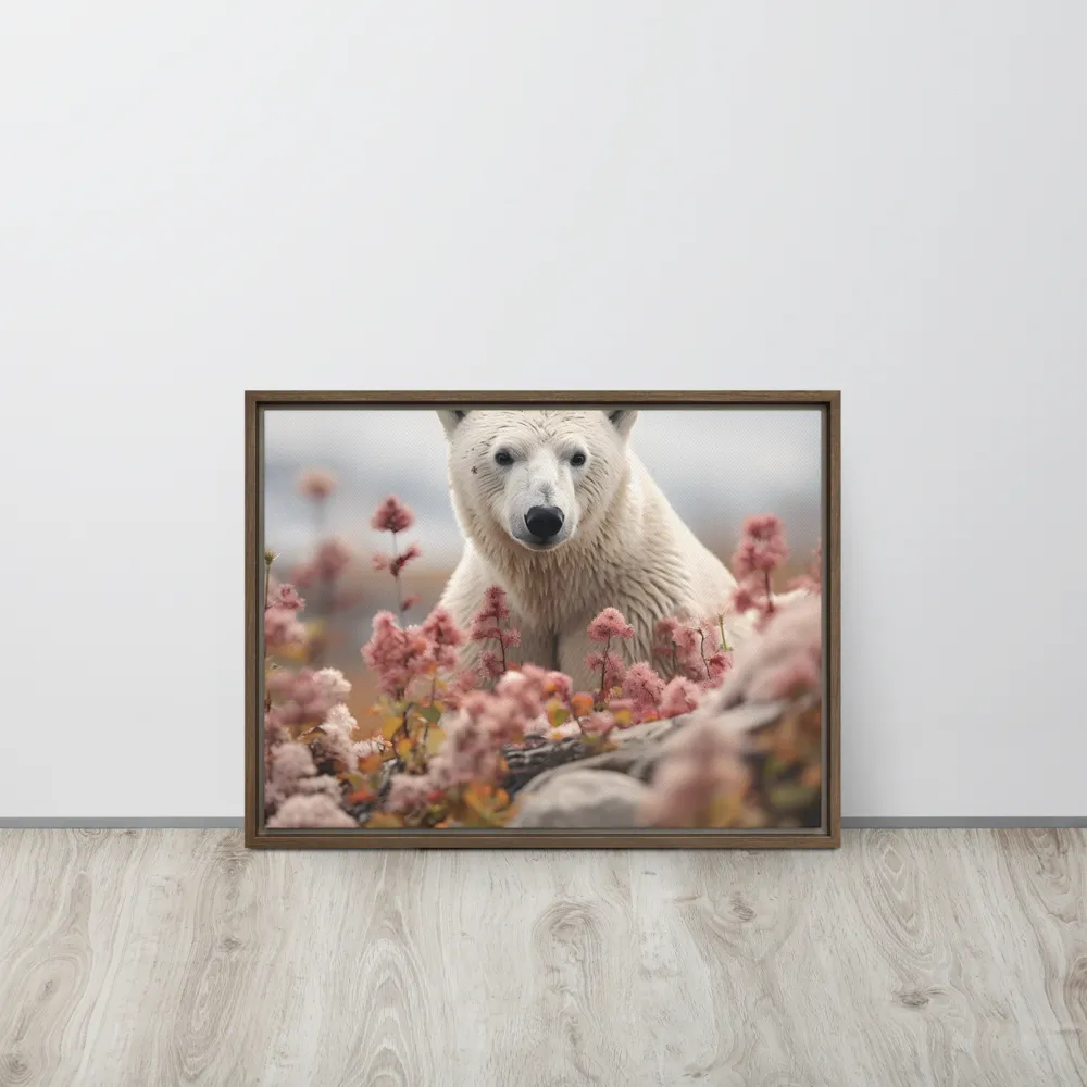 Curiosity Among Blooms: The Polar Bear | Canvas with Brown Frame | 18″×24″