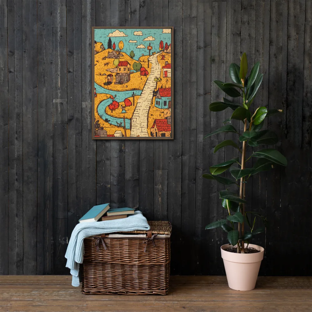 Whimsical Village Landscape | Canvas with Brown Frame | 20″×28″
