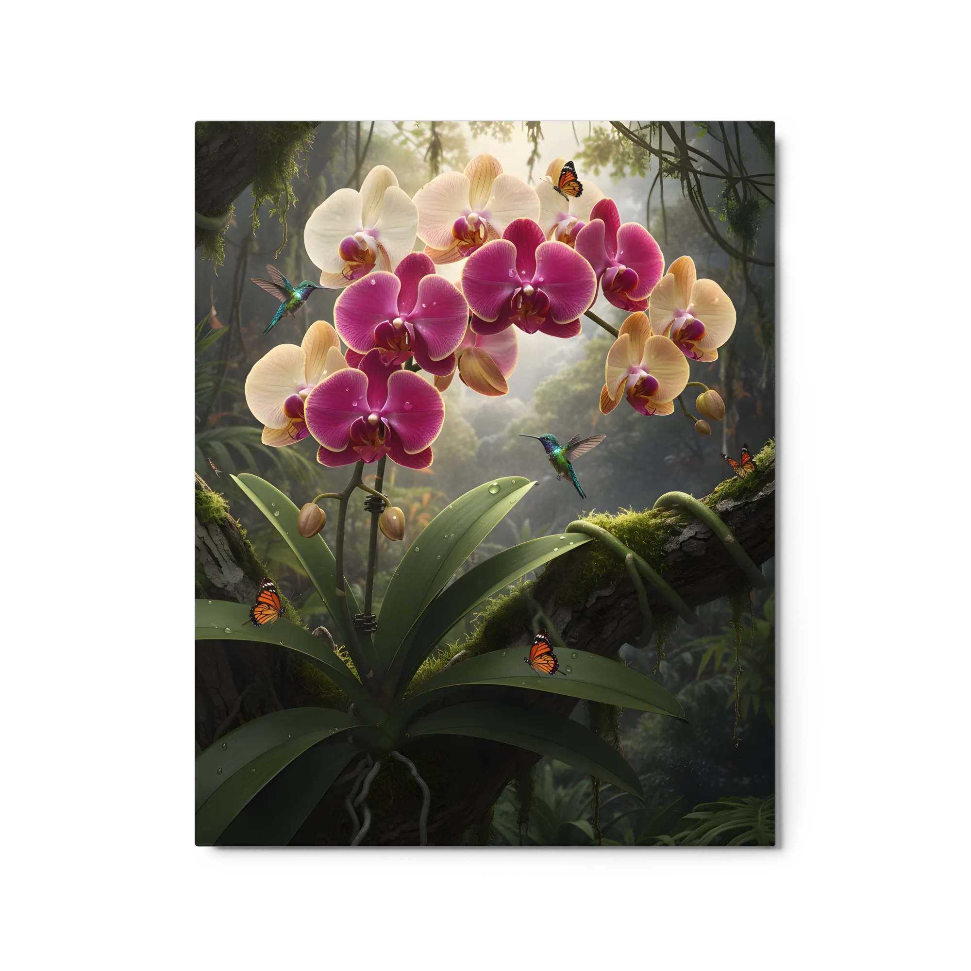 Orchid and Hummingbirds 
 Metal Print | 16″x 20″