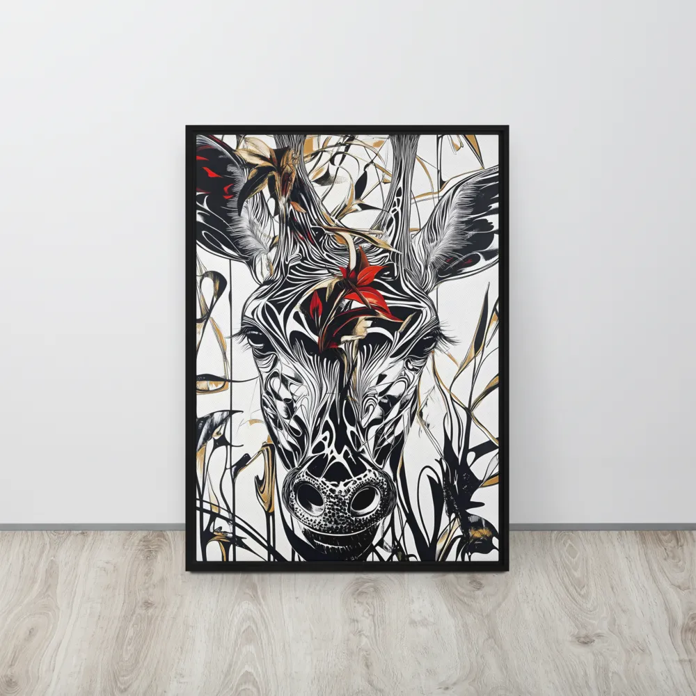 Floral Elegance: The Giraffe's Portrait | Canvas with Black Frame | 20″×28″