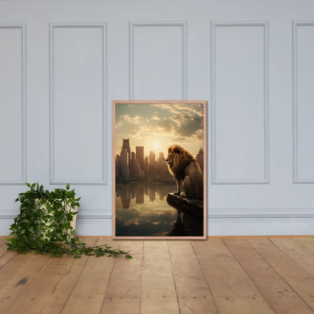 The Lion's Gaze Over the Urban Symphony | Poster with Red oak Frame | 24″×36″