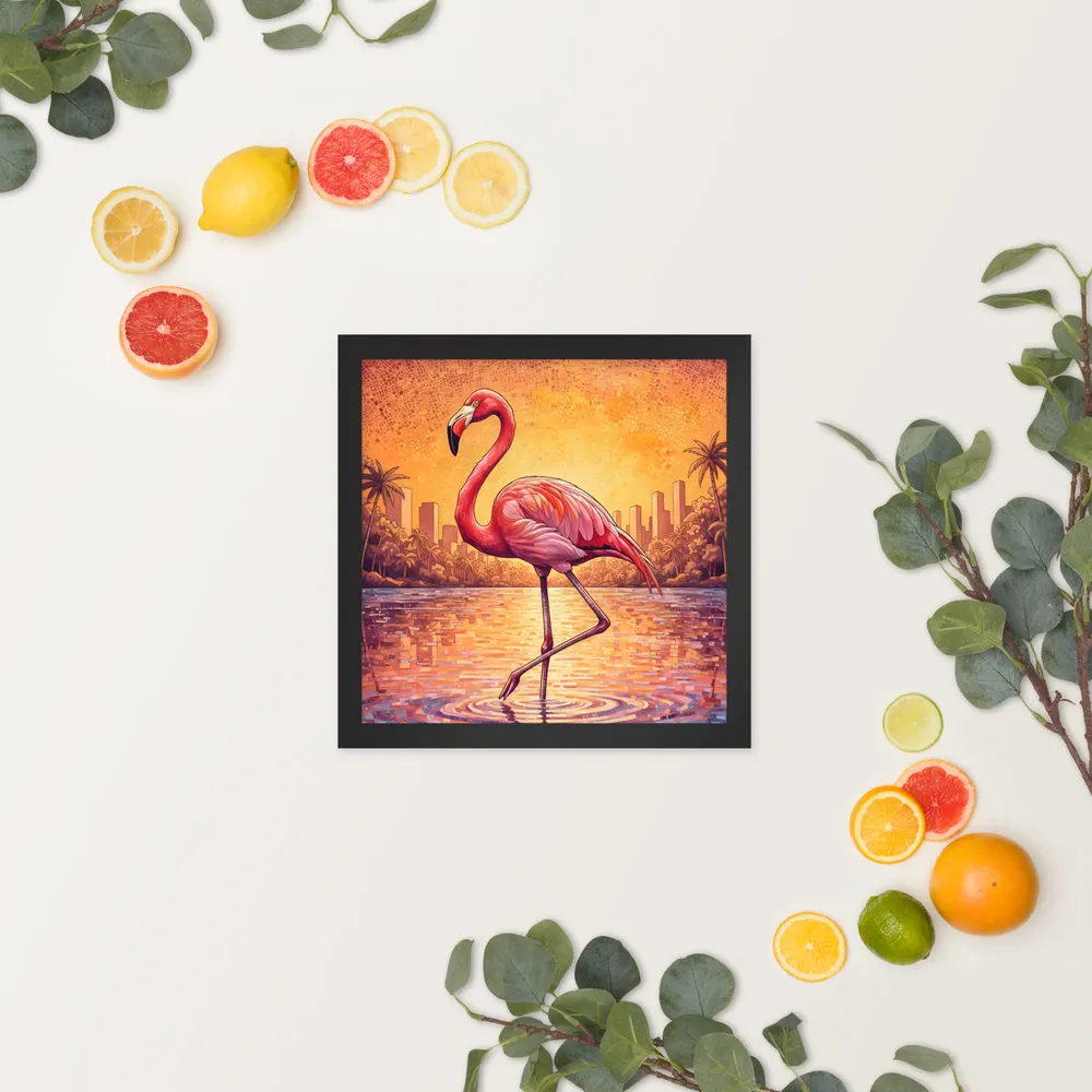 Sunset Mosaic Flamingo 
 Poster with Black Frame | 12″x 12″