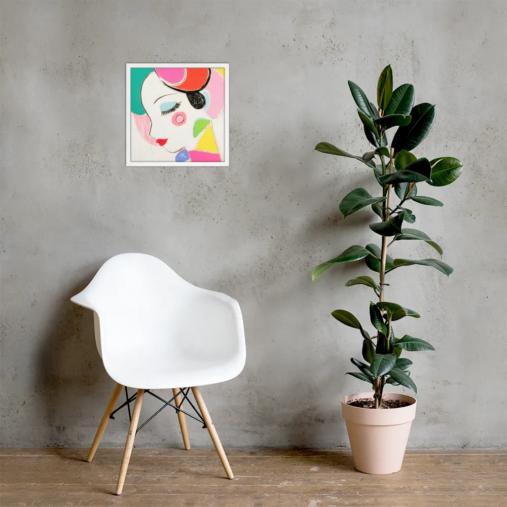 Whimsical Portrait in Colorful Abstraction | Poster with White Frame | 16″×16″